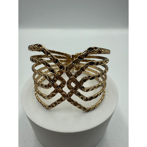 Jewelry - Hammered Gold Tone Multi Strand Hinged Cuff Bracelet Statement Cage Bangle